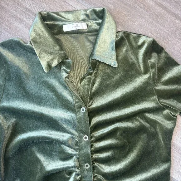 Mulla Olive Green Velour Button-Up Collared Dress – Women’s Medium - Picture 3 of 9